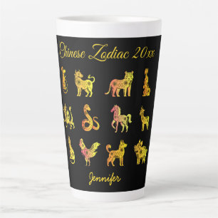 Taza De Café Latte Gradiente de oro Animal zoológico chino negro