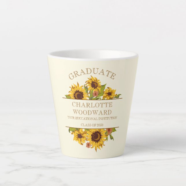 Taza De Café Latte Graduación Floral de girasoles (Anverso)