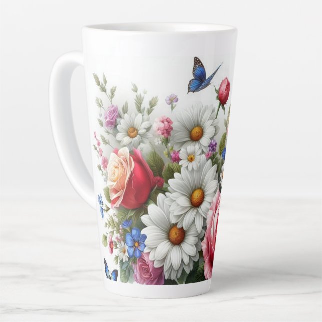 Taza De Café Latte Gran Latte Mug - Rosas, Daisies, Mariposas (Ángulo izquierdo)
