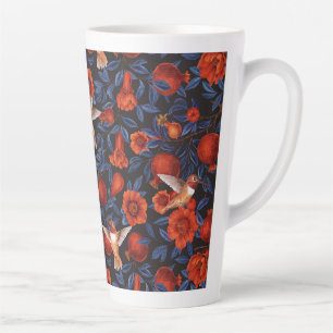 Taza De Café Latte Granadas y colibríes/hojas azules en negro