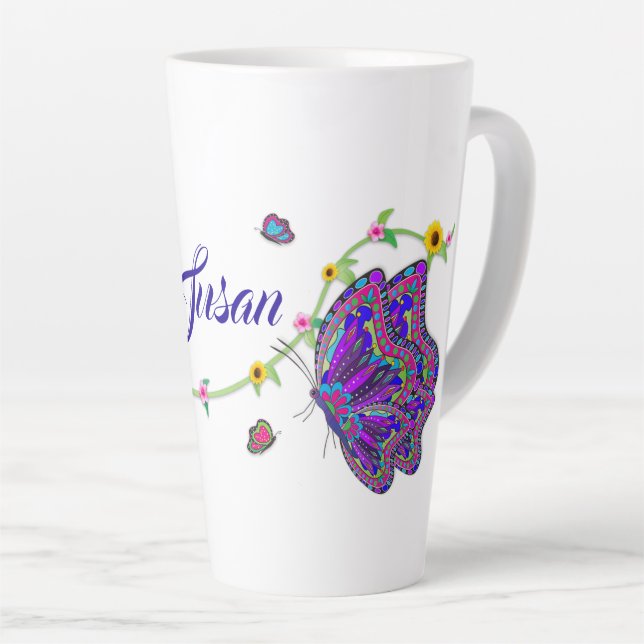 Taza De Café Latte Grandes y hermosas mariposas y flores Latte Mug (Ángulo derecho)