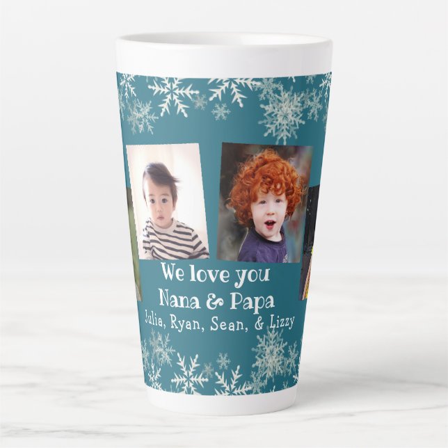 Taza De Café Latte Grandparents Photo Collage Snowflakes on Blue (Anverso)