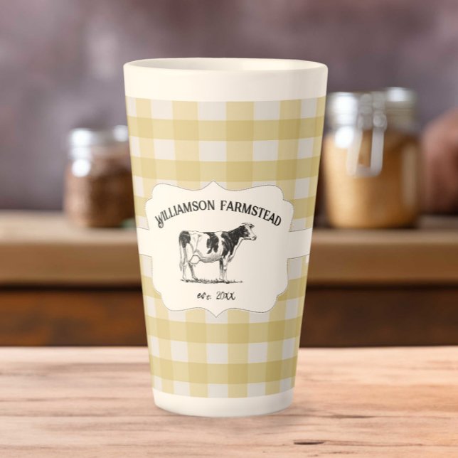 Taza De Café Latte Granja de búfalo amarilla retorcida de vaca latte  (Yellow Buffalo Plaid Farm Cow Latte Mug)