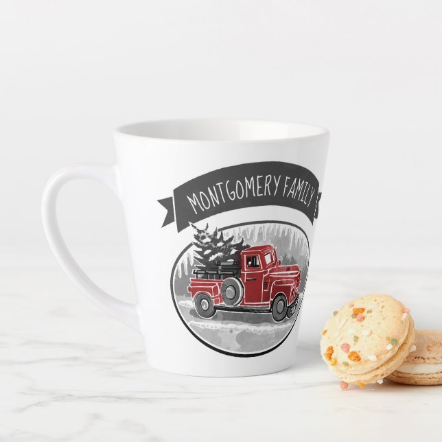 Taza De Café Latte Granja Rustic Red Truck Monogram (In situ)