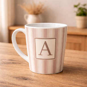 Taza De Café Latte Granja rústica inicial rayada beige y taupe