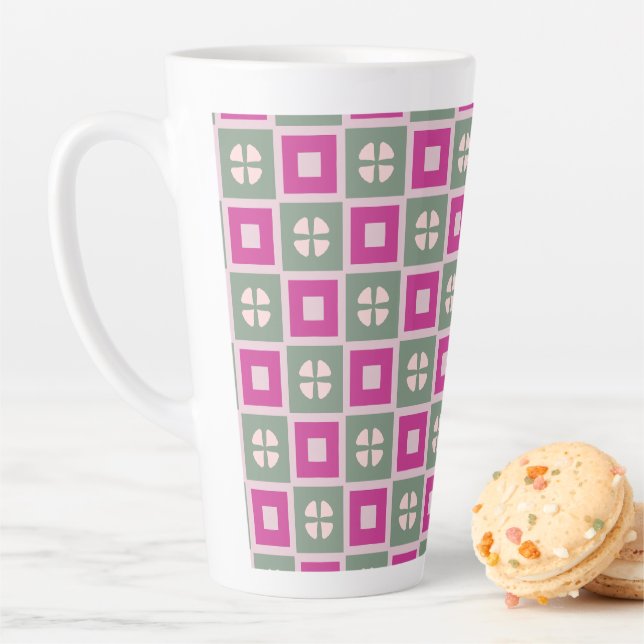 Taza De Café Latte Green and Magenta Boxed Floral Bloom Latte Mug (In situ)