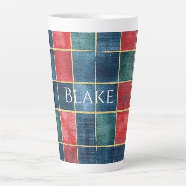 Taza De Café Latte Green Blue Red Gold Plaid Stripes (Anverso)