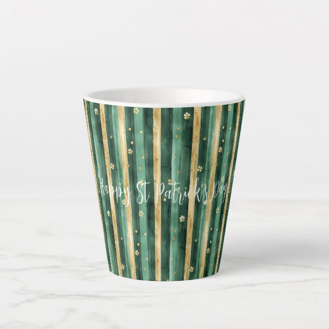 Taza De Café Latte Green Gold Shamrock St. Patrick's Day Stripes (Anverso)