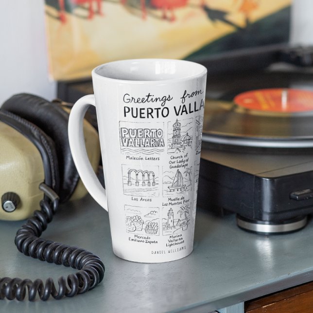 Taza De Café Latte Greetings from Puerto Vallarta | Hand-Drawn Sketch (Subido por el creador)