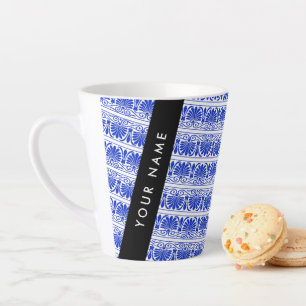 Taza De Café Latte Griego Fret Arabesque Blue, Tu Nombre, Personaliza