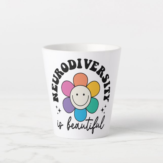 Taza De Café Latte Groovy Rainbow Smiley Flower Neurodiversity (Anverso)