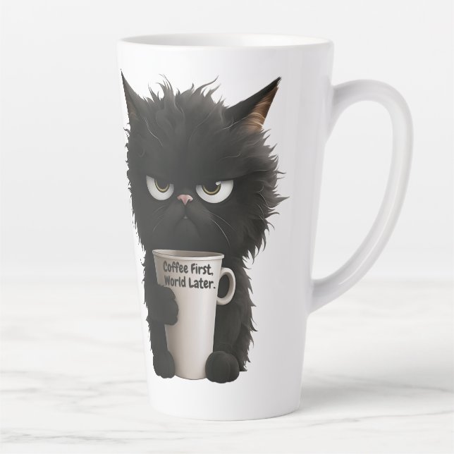 Taza De Café Latte Grumpy Cat Coffee Mood T-Shirt Funny Black Fluffy  (Derecha)