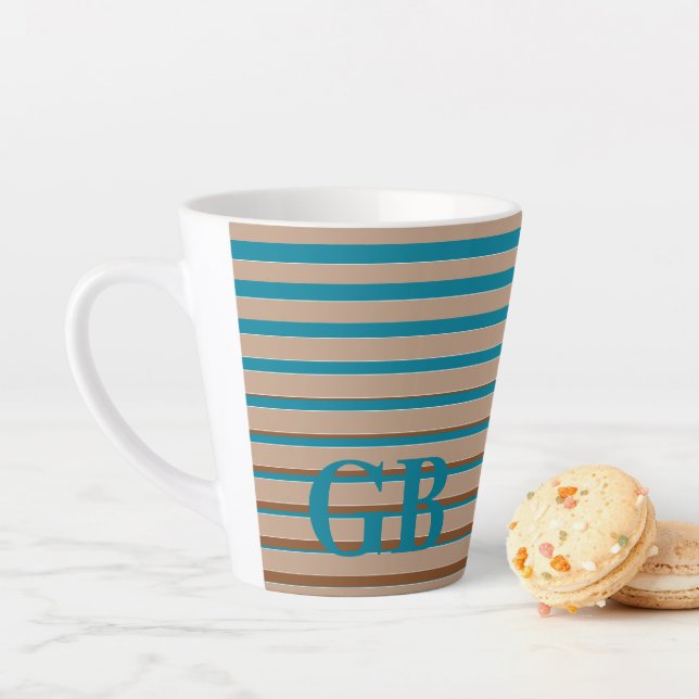 Taza De Café Latte Guay Stripes Brown & Blue Monogramado (In situ)