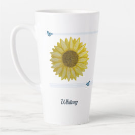 Taza De Café Latte Guión de mariposa azul y girasol latte mug