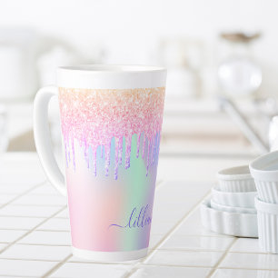 Taza De Café Latte Guión de nombre de goteo rosa holográfico