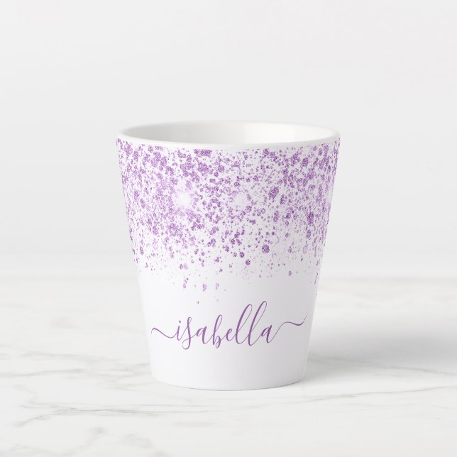 Taza De Café Latte Guión de nombre de purpurina morado blanco (Anverso)