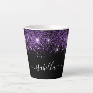 Taza De Café Latte Guión de nombre de purpurina morado negro glamoros