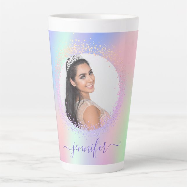 Taza De Café Latte Guión de nombre morado rosado de foto holográfica (Anverso)