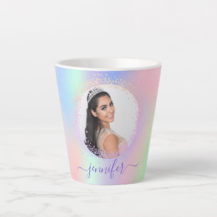 Taza De Café Latte Guión de nombre morado rosado de foto holográfica