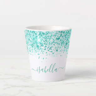 Taza De Café Latte Guión de nombre verde de mar del purpurina verde a