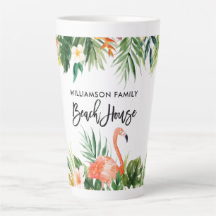 Taza De Café Latte Guión De Pincel Coral Tropical Floral Beach House