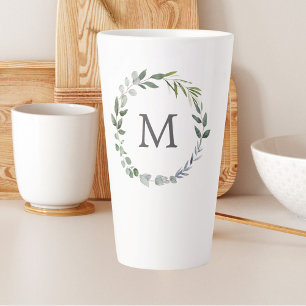 Taza De Café Latte Guirnalda de hojas de color verde salvia con monog