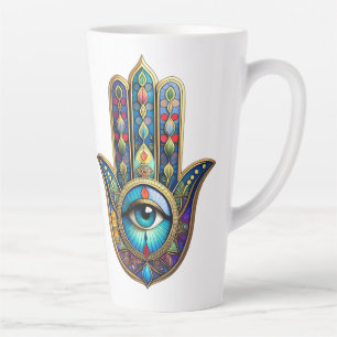 Taza De Café Latte Hamsa Azul Real Dorado con Tercer Ojo Turquesa