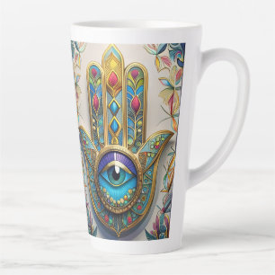 Taza De Café Latte Hamsa de Tercer Ojo Azul-Verde con Filigrana Dorad
