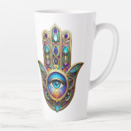Taza De Café Latte Hamsa Violeta Dorado Turquesa con Tercer Ojo Zafir