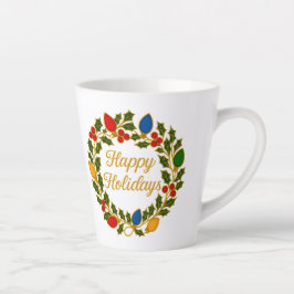 Taza De Café Latte Happy Holidays Wreath Christmas Lights and Holly