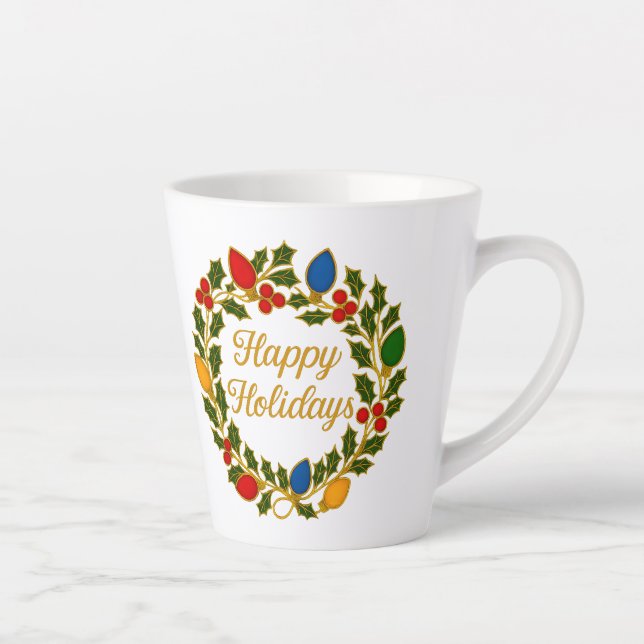 Taza De Café Latte Happy Holidays Wreath Christmas Lights and Holly (Derecha)