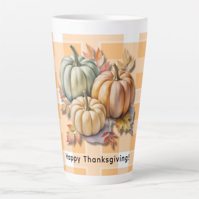 Taza De Café Latte Happy Thanksgiving Pumpkins & Autumn Leaves (Anverso)