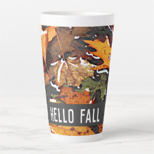 Taza De Café Latte Hello Fall Rainy Leaves