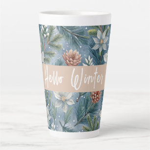 Taza De Café Latte Hello Winter Pines & Flowers