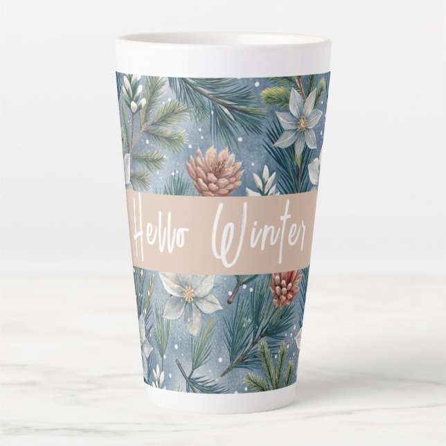 Taza De Café Latte Hello Winter Pines & Flowers (Anverso)