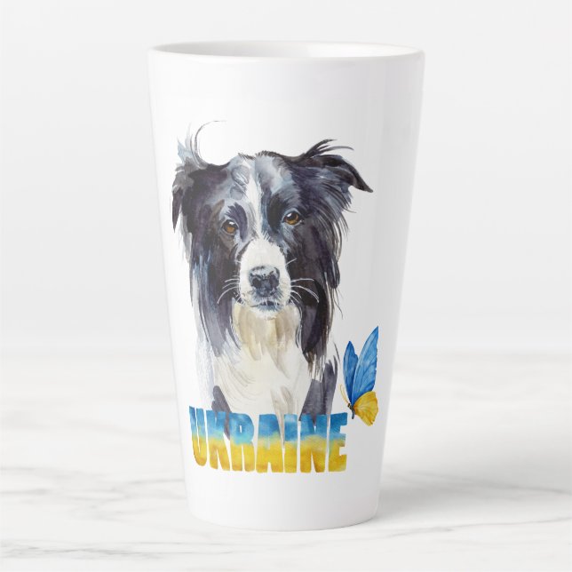 Taza De Café Latte Hermosa acuarela Ucrania Perro y mariposa (Anverso)