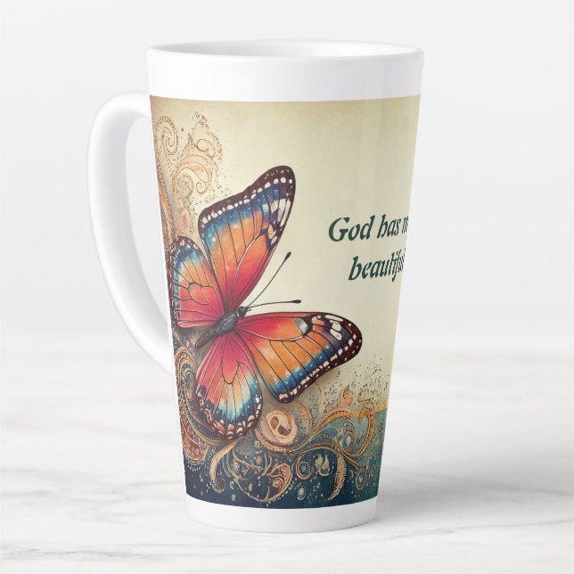 Taza De Café Latte Hermosa mariposa y verso de la Biblia (Ángulo izquierdo)