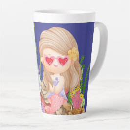 Taza De Café Latte Hermosa sirena BRUNET HAIR jugando en el mar