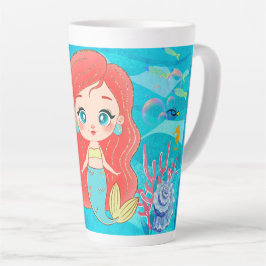 Taza De Café Latte Hermosa sirena de pelo rojo jugando en el mar