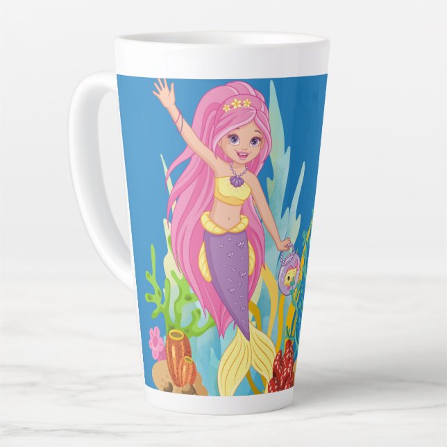 Taza De Café Latte Hermosa sirena PINK PELO jugando en el mar (Ángulo izquierdo)