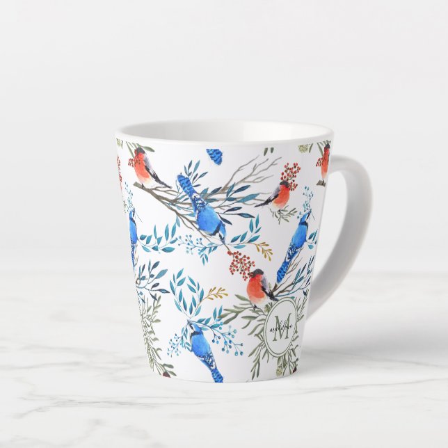 Taza De Café Latte Hermosas aves acuarelas y patrones de follaje (Ángulo derecho)