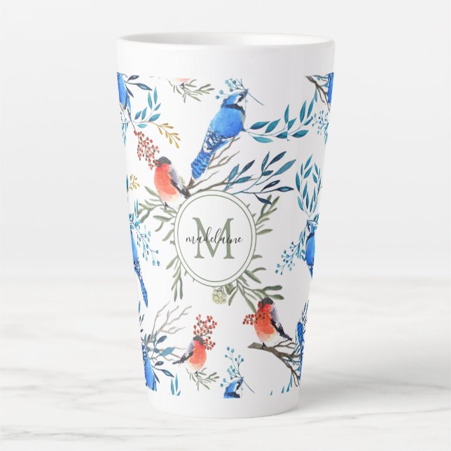 Taza De Café Latte Hermosas aves acuarelas y patrones de follaje (Anverso)