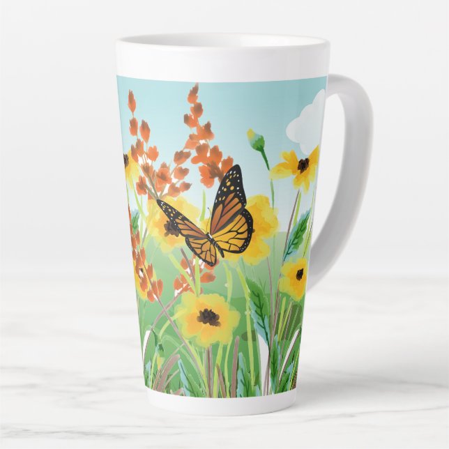 Taza De Café Latte Hermosas flores amarillas cielo azul y mariposa (Ángulo derecho)