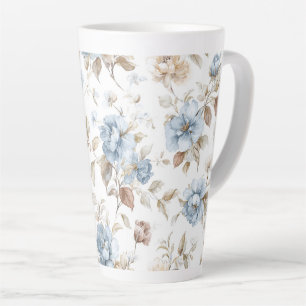Taza De Café Latte Hermosas Flores Azules Crema Marrón Claro Marrón