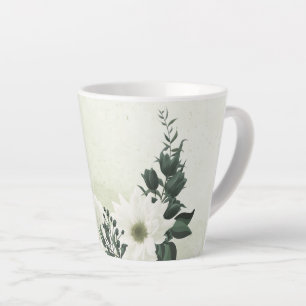 Taza De Café Latte Hermosas flores blancas hojas verdes