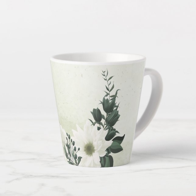 Taza De Café Latte Hermosas flores blancas hojas verdes (Ángulo derecho)