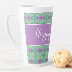 Taza De Café Latte Hermoso cumpleaños feliz, malva y morado florido