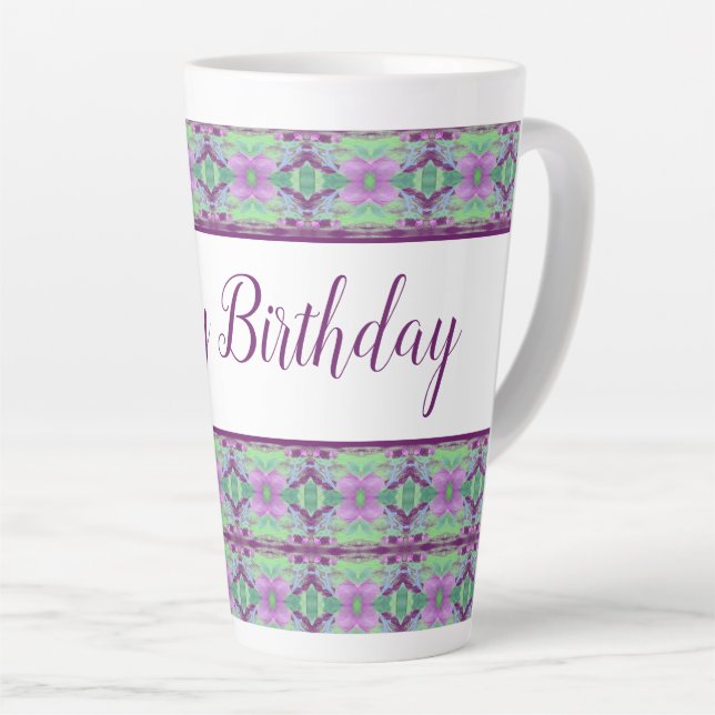 Taza De Café Latte Hermoso cumpleaños feliz morado florido (Ángulo derecho)