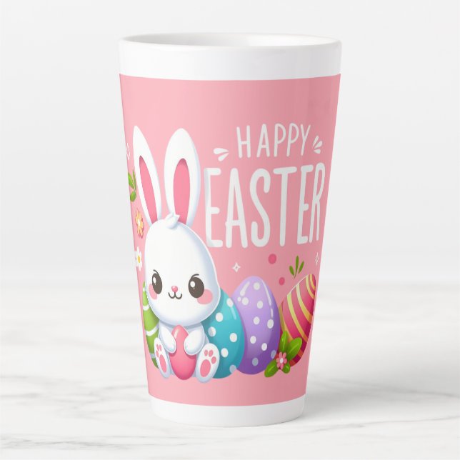 Taza De Café Latte Hermoso lindo, rosa, feliz conejo de Pascua (Anverso)