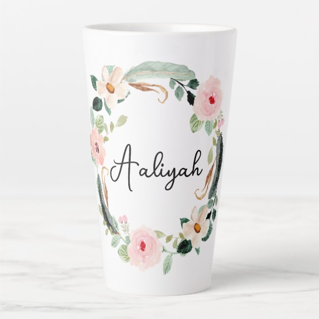 Taza De Café Latte Hermoso Monograma con nombre floral (Anverso)